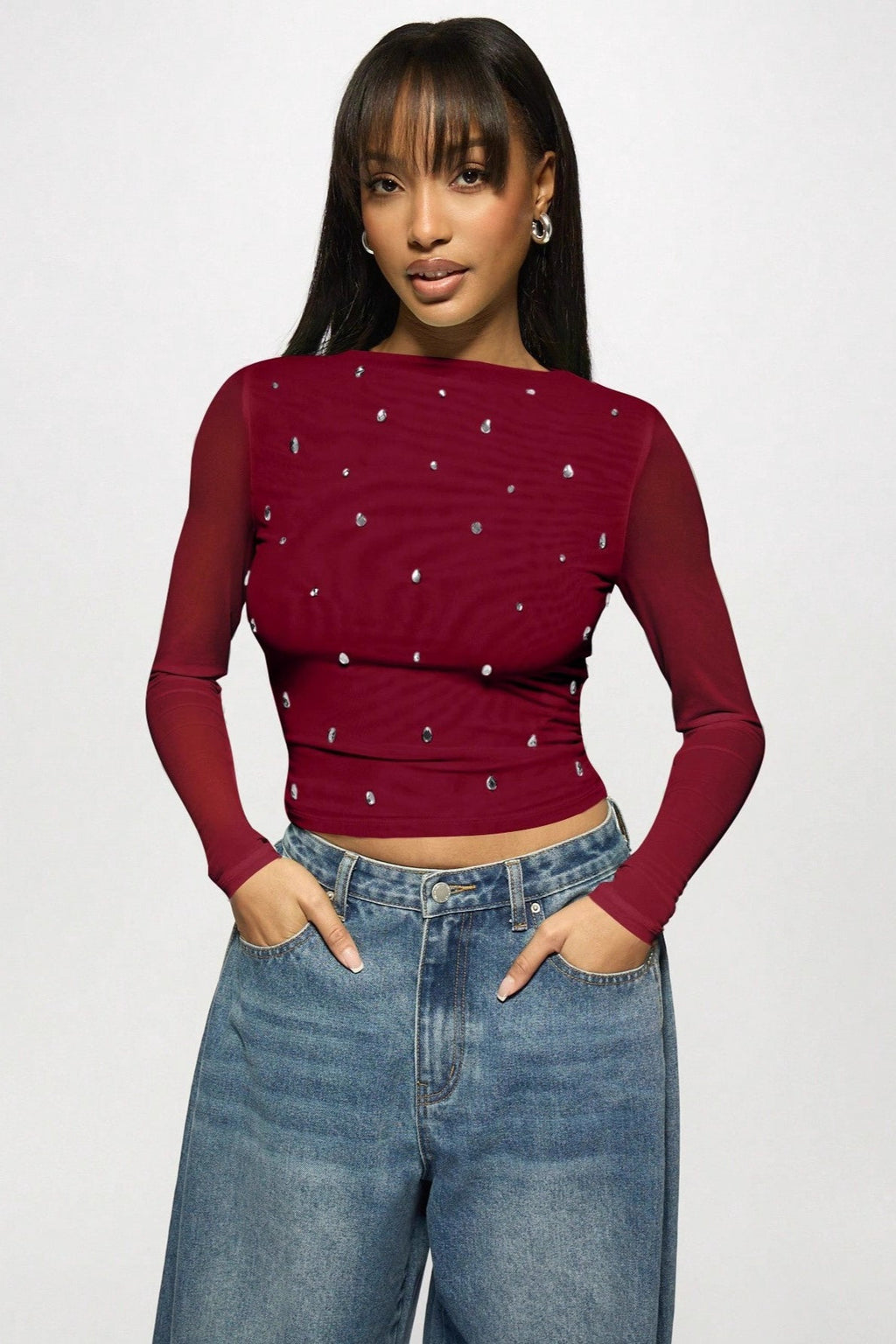 Rhinestone Ruched Mock Neck Mesh Top