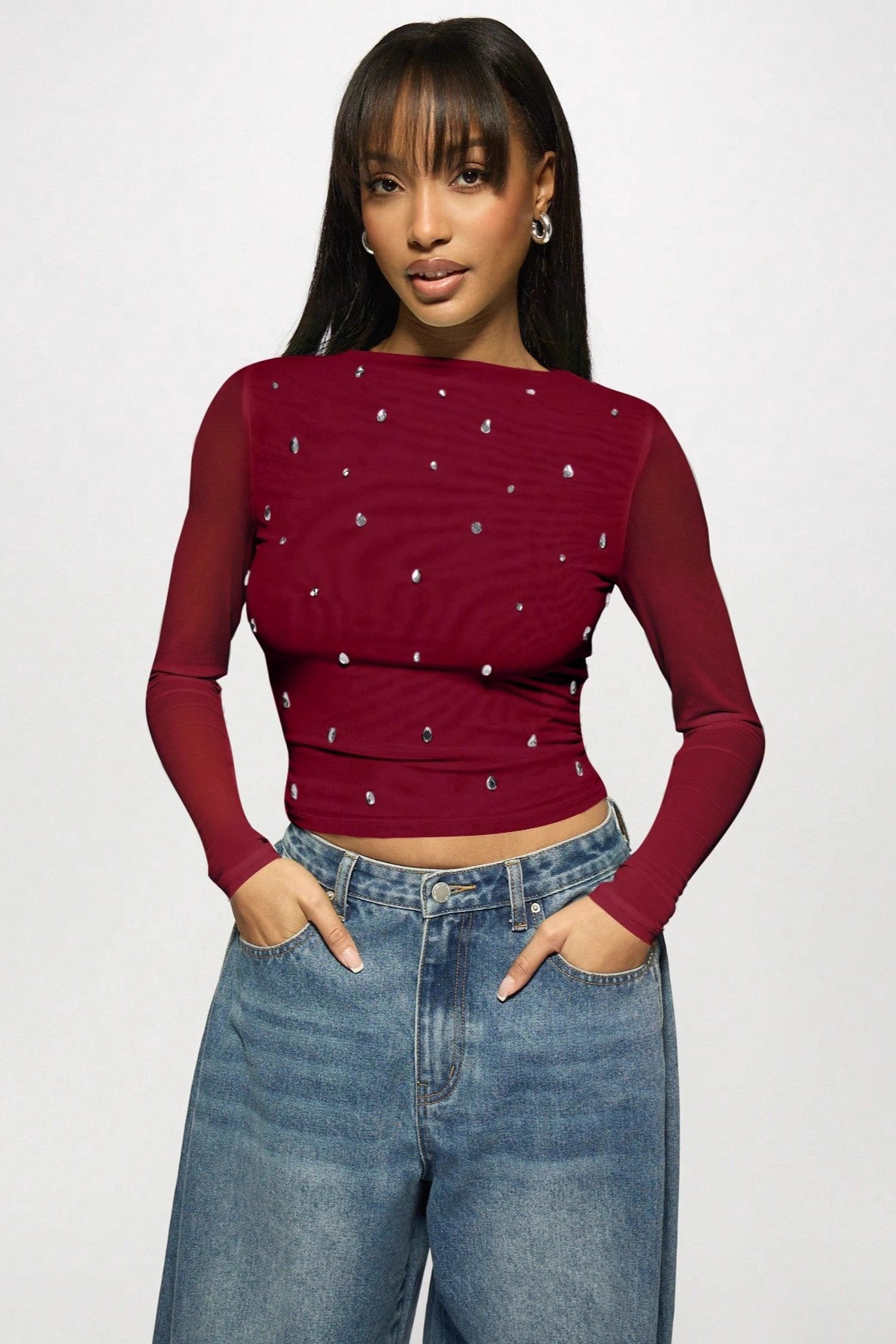 Rhinestone Ruched Mock Neck Mesh Top