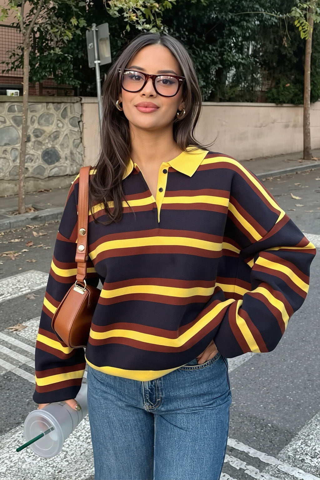 Striped Polo Collar Relaxed Sweater