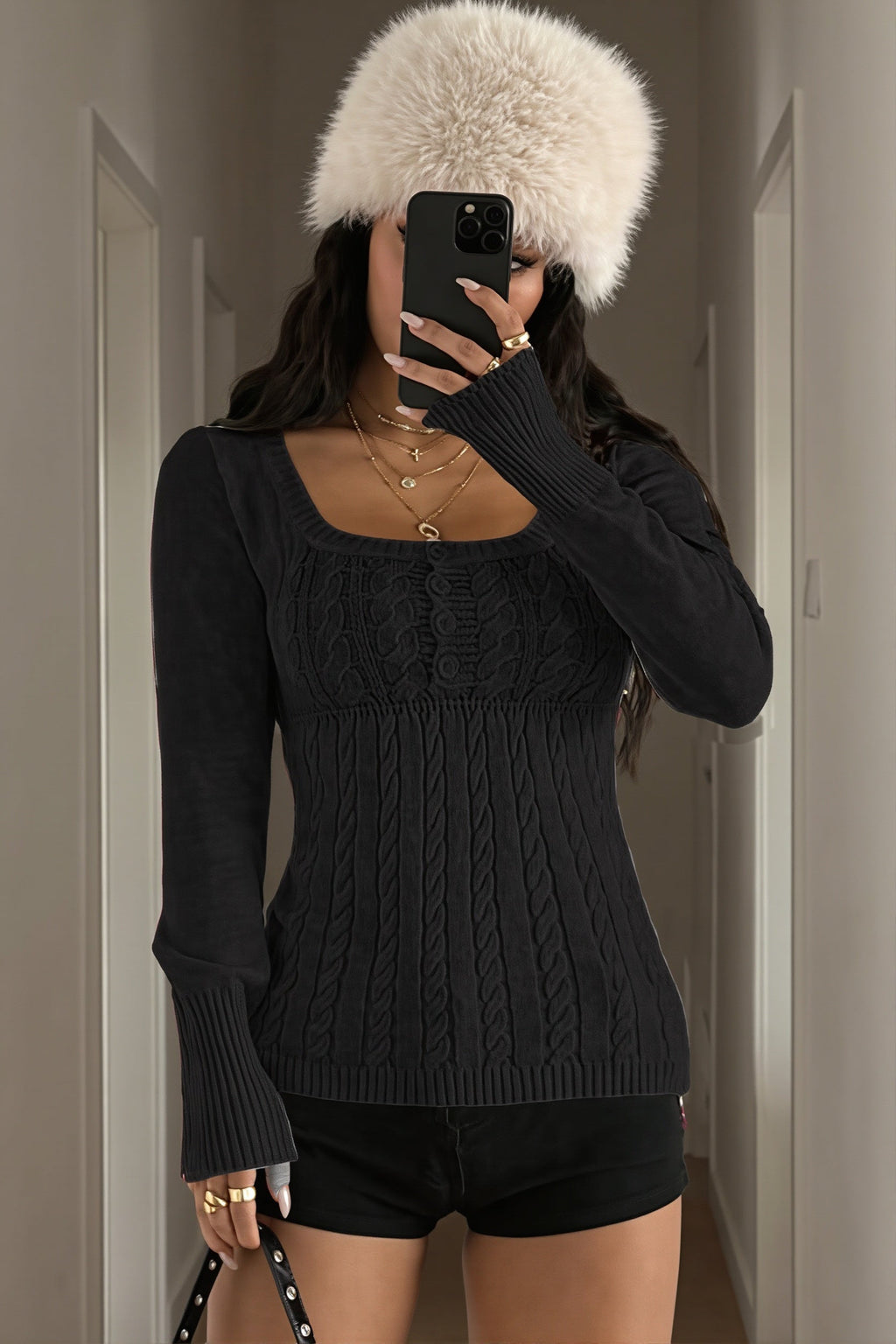 Square Neck Cable Knit Fitted Sweater
