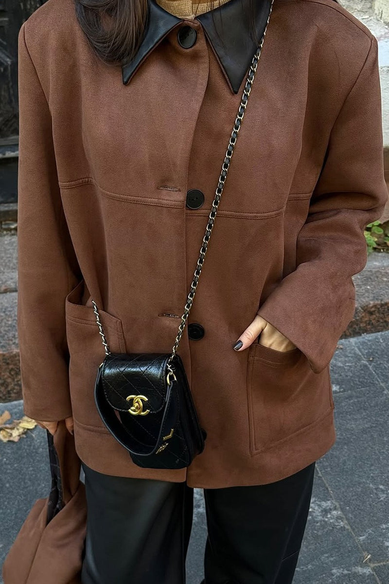 Contrast Collar Oversized Faux Suede Jacket