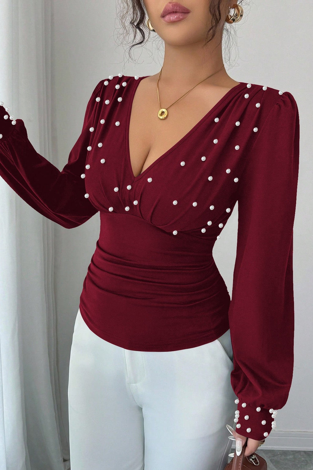 Pearl Studded Wrap V Neck Blouse