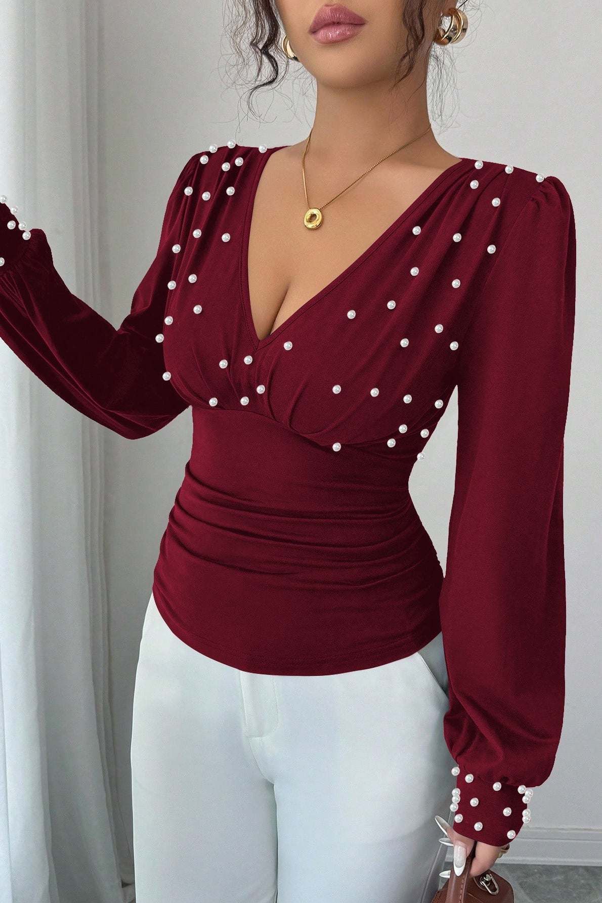 Pearl Studded Wrap V Neck Blouse