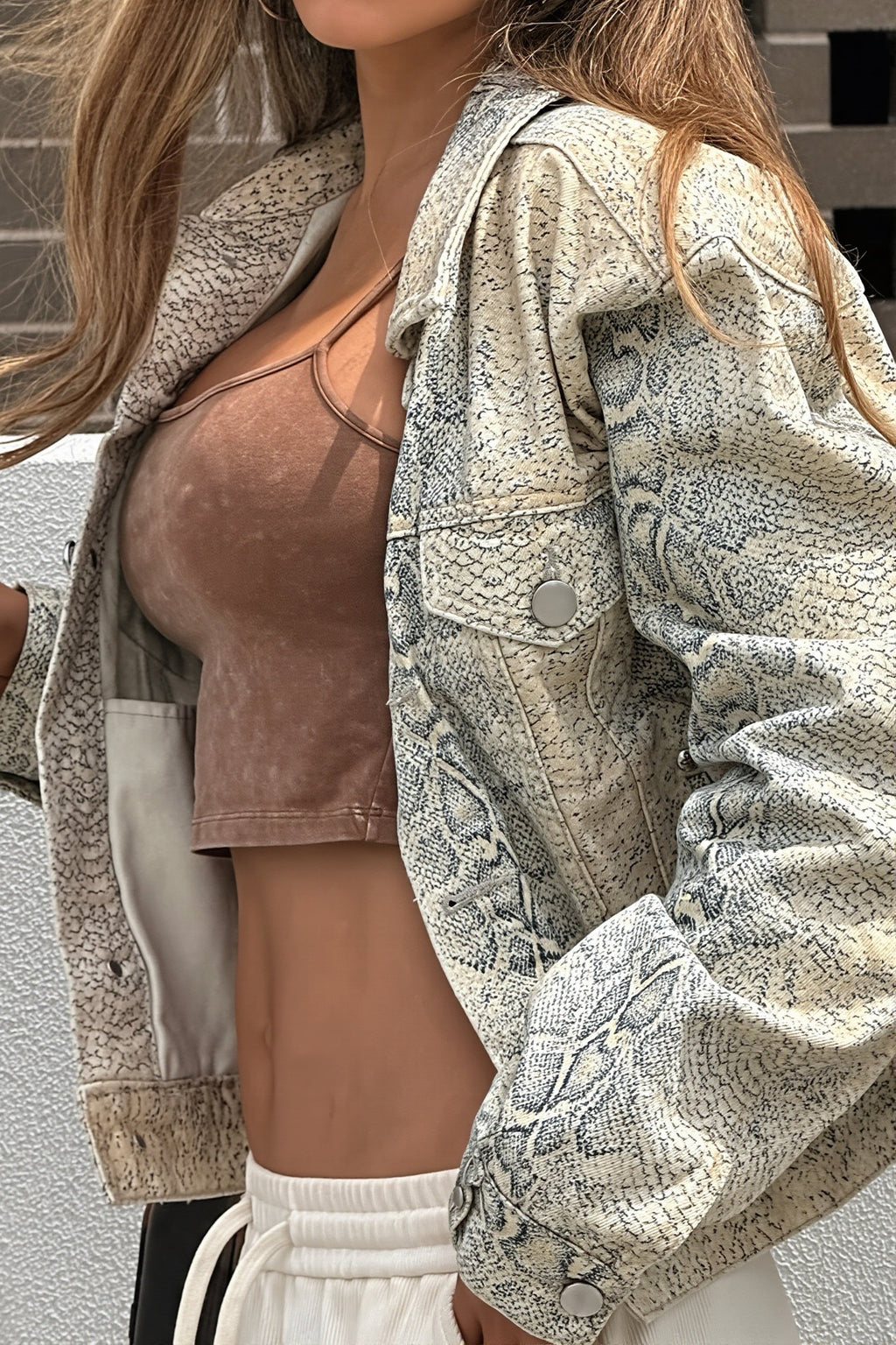 Snake Print Washed Cropped Jacket