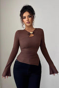 Metal Clasp Keyhole Bell Sleeve Top
