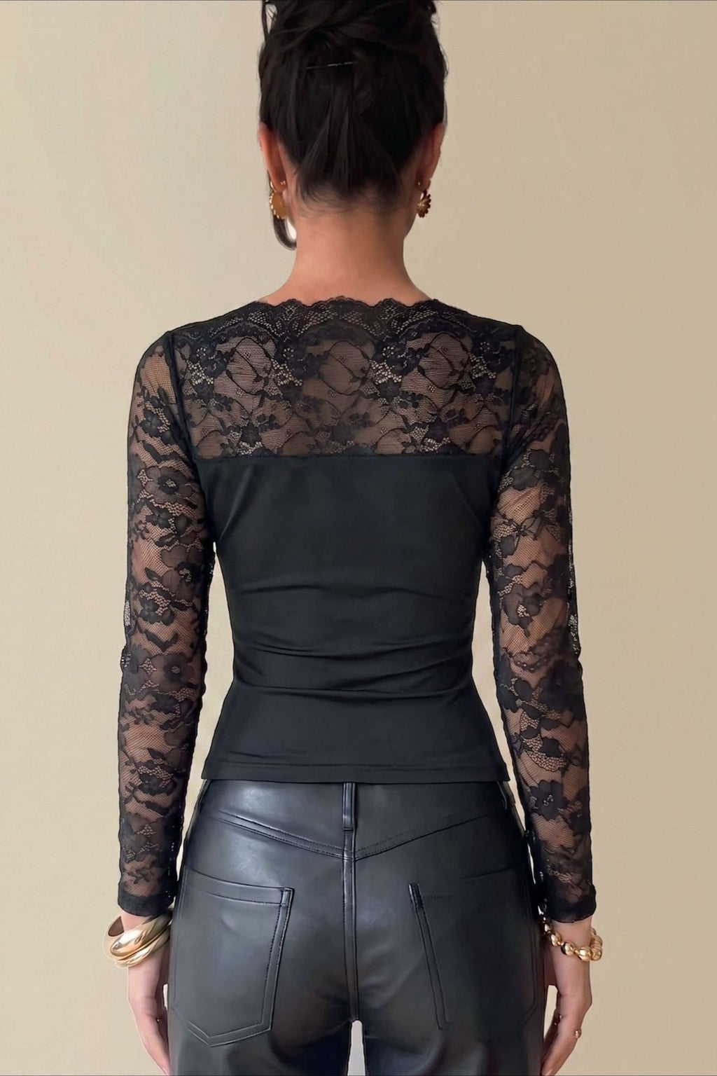 Boat Neck Lace Yoke Long Sleeve Top