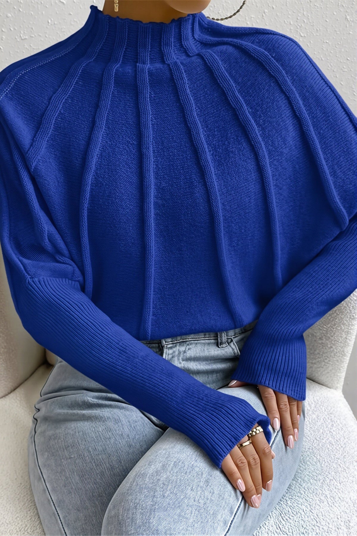 Ribbed Mock Neck Batwing Sweater