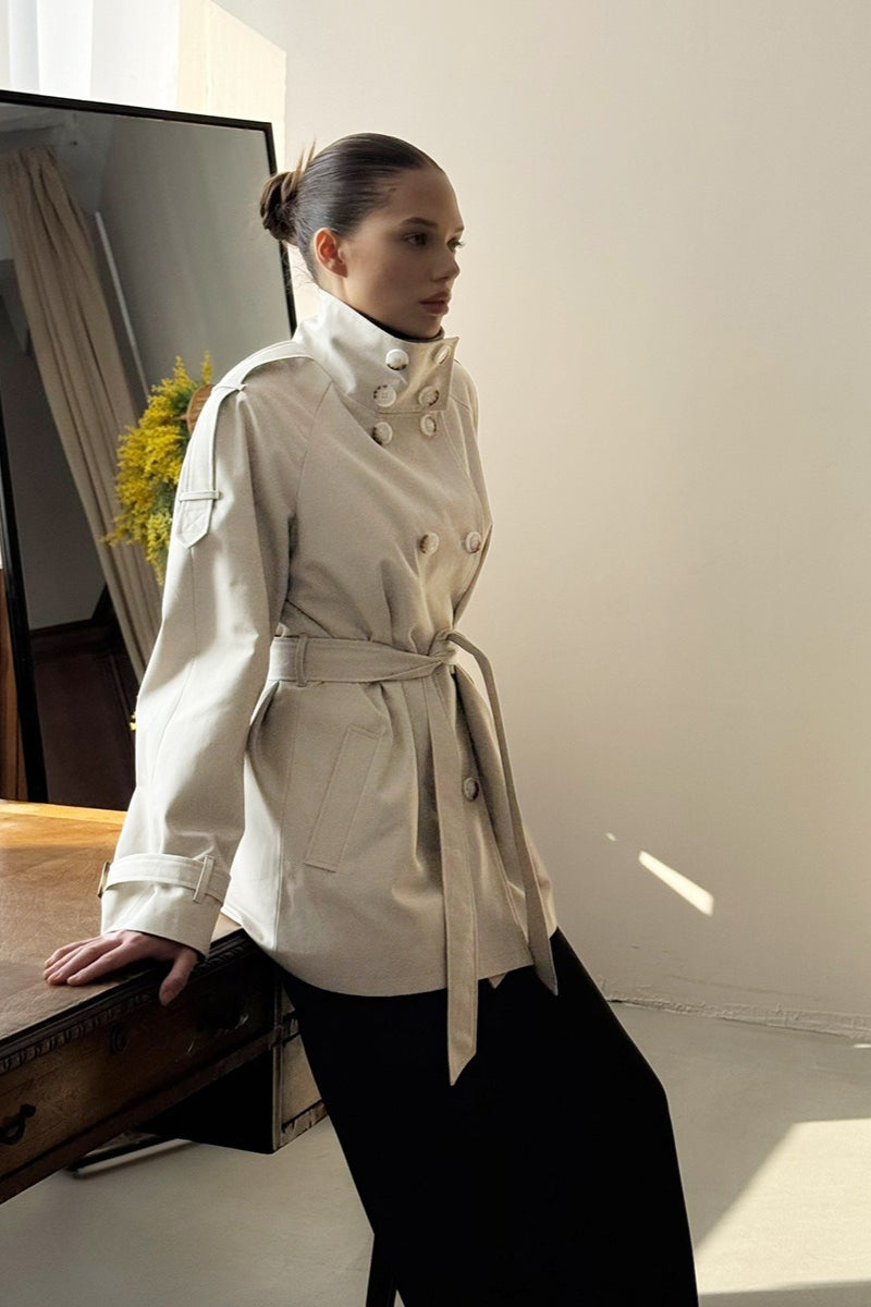 Stand Collar Belted Trench Jacket
