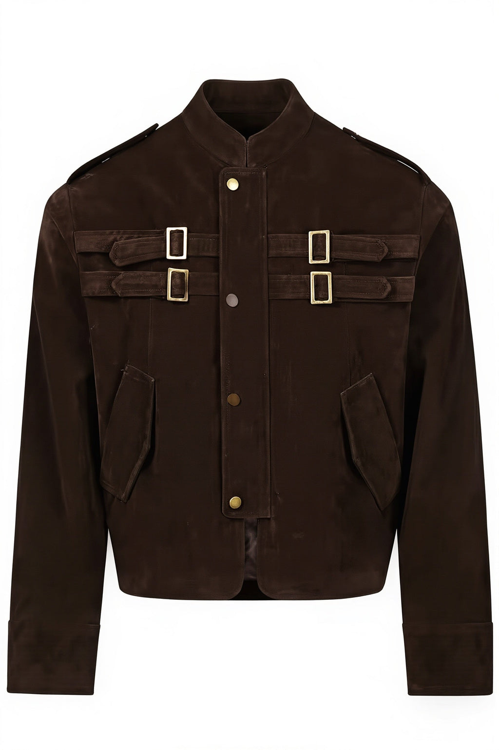 Buckle Pocket Stand Collar Suede Jacket