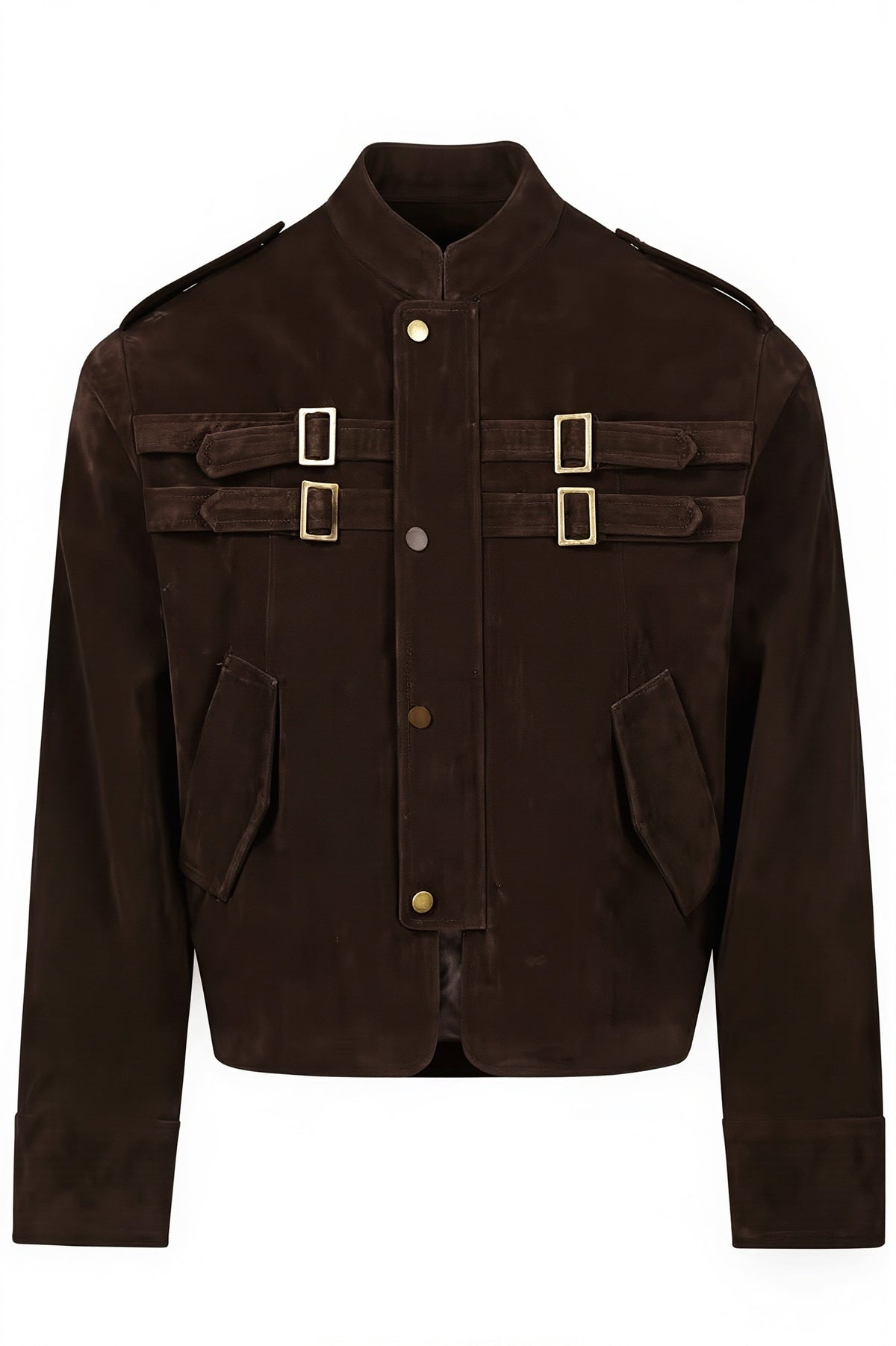 Buckle Pocket Stand Collar Suede Jacket
