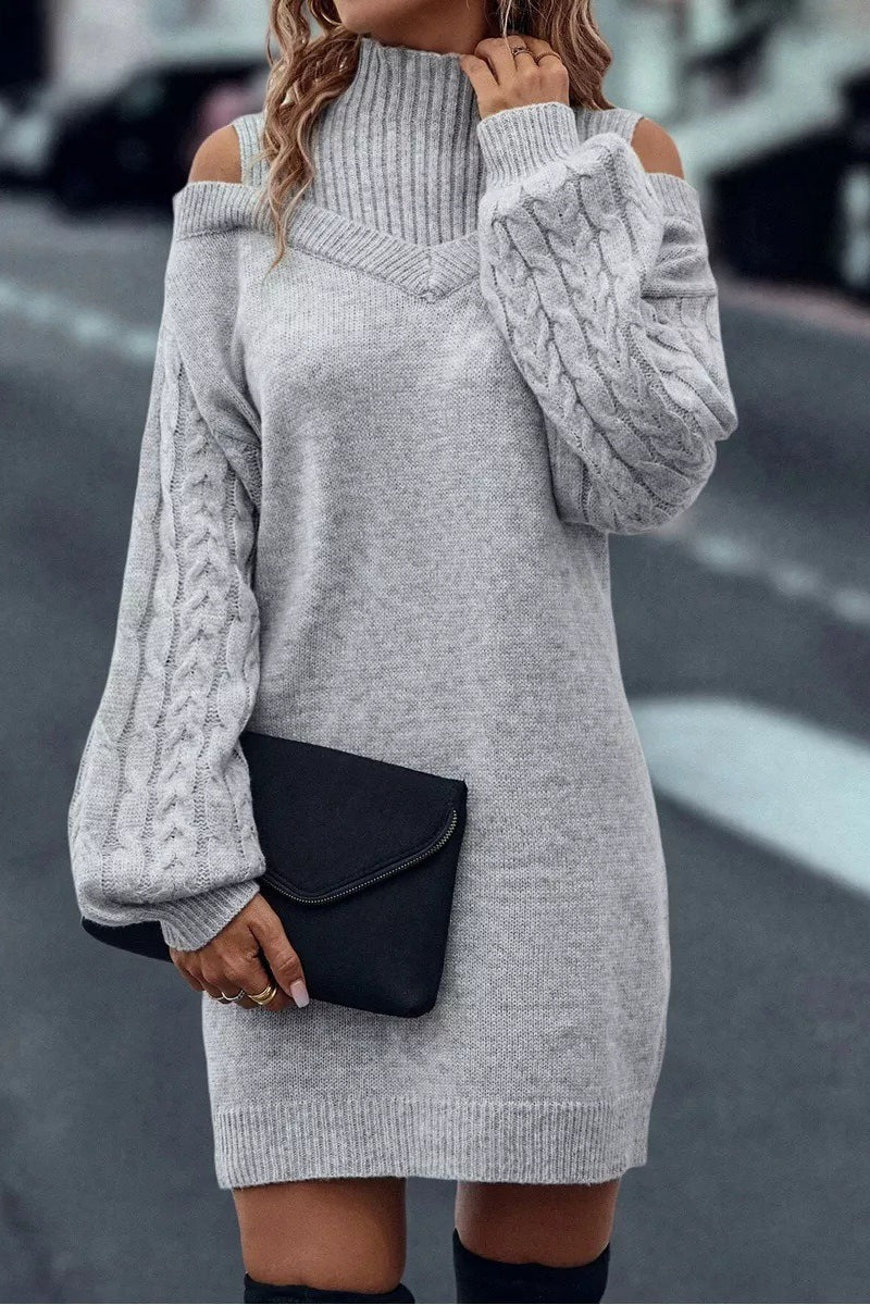 Cold Shoulder Turtleneck Balloon Sleeve Knit Sweater