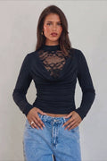 Lace Up Cowl Neck Ruched Top