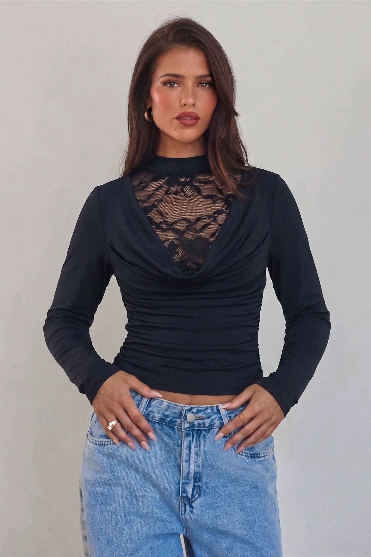 Lace Up Cowl Neck Ruched Top