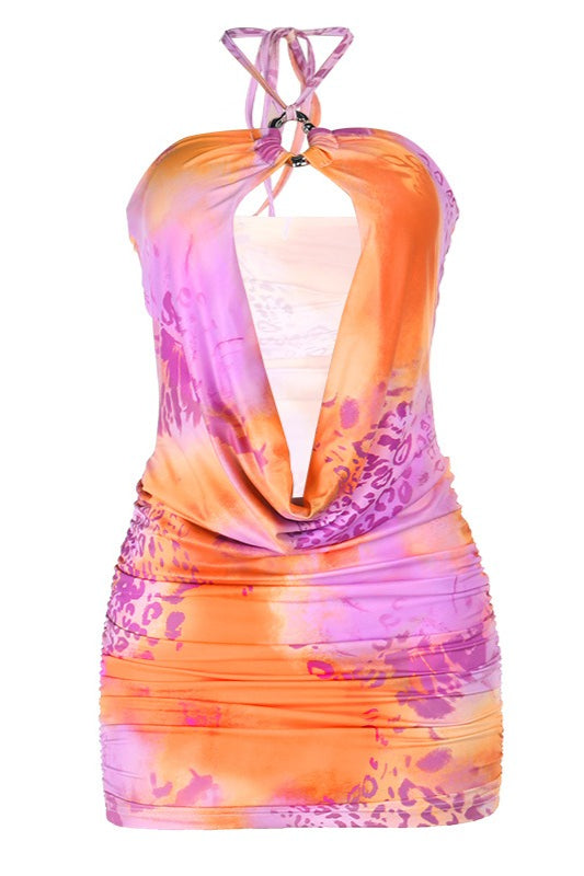 Abstract Print Cutout Halter Mini Dress