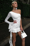 One Shoulder Lace Ruffle Tie Mini Dress
