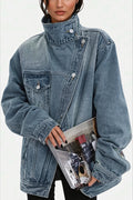 Asymmetric High Neck Denim Jacket