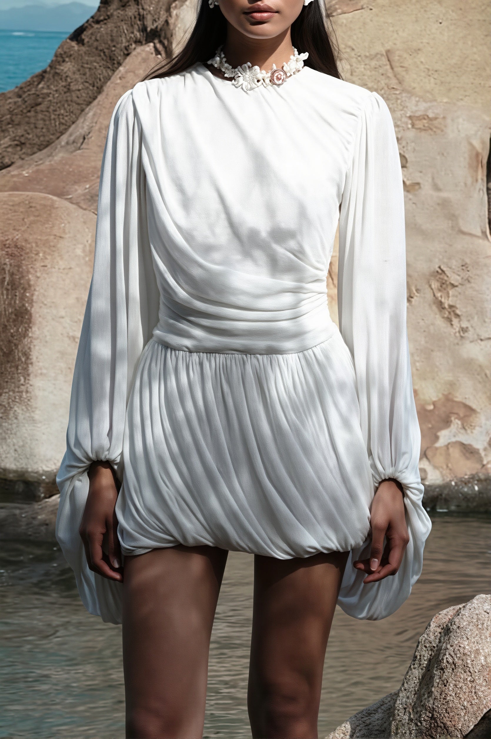 Casual Pleated Long Sleeve Mini Dress