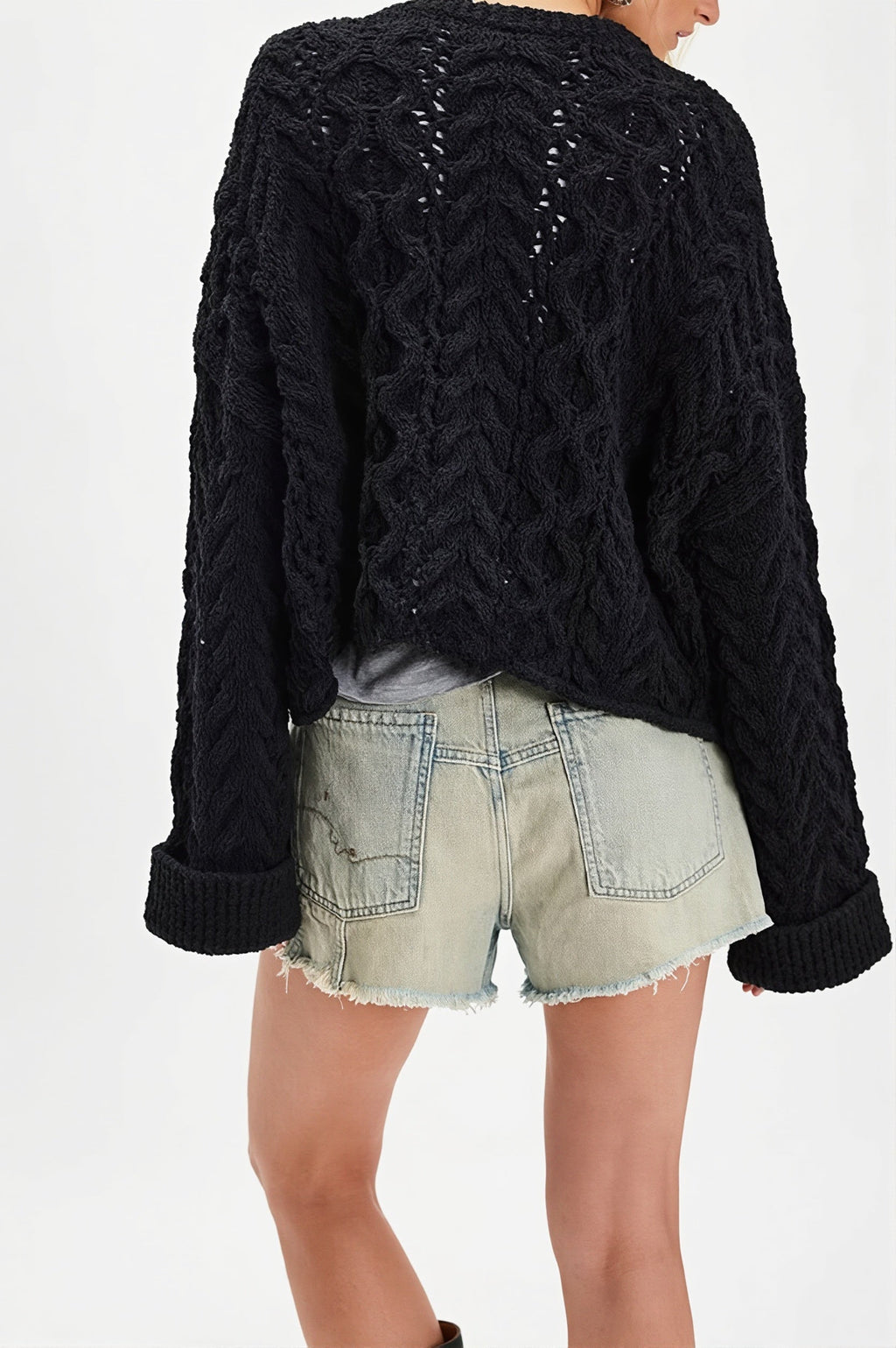 Button Detail Cable Knit Crew Neck Sweater