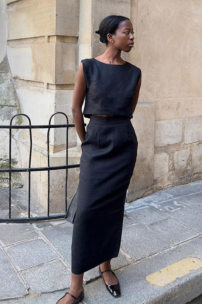 Linen Blend Vest Midi Skirt Set
