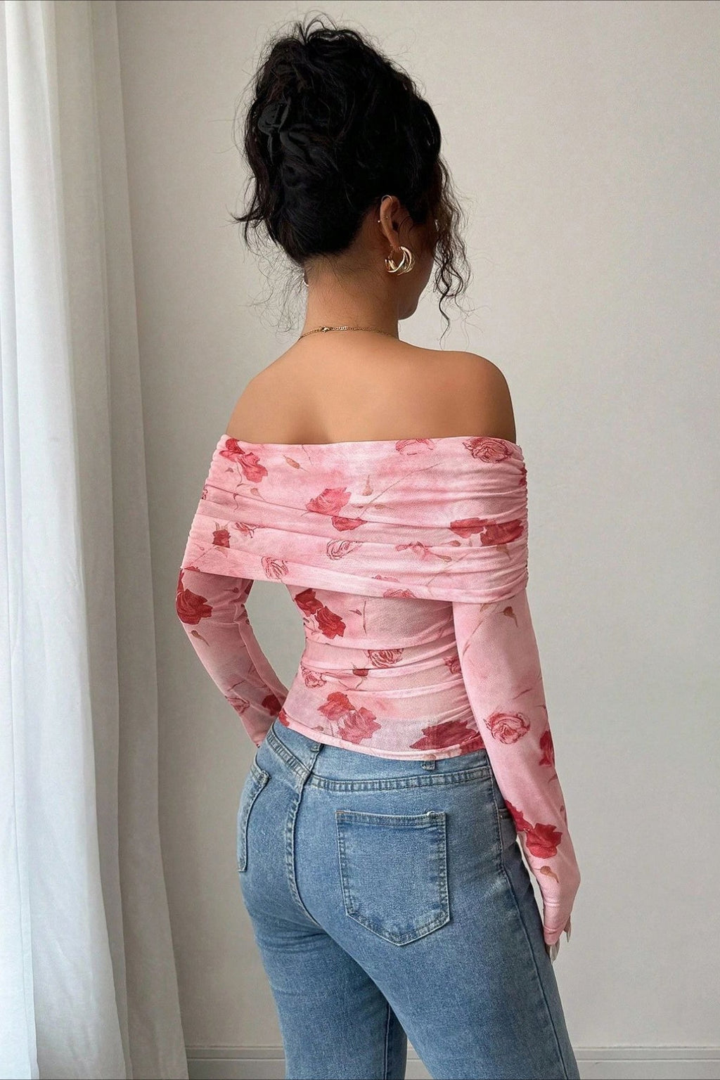 Floral Print Off Shoulder Ruched Top