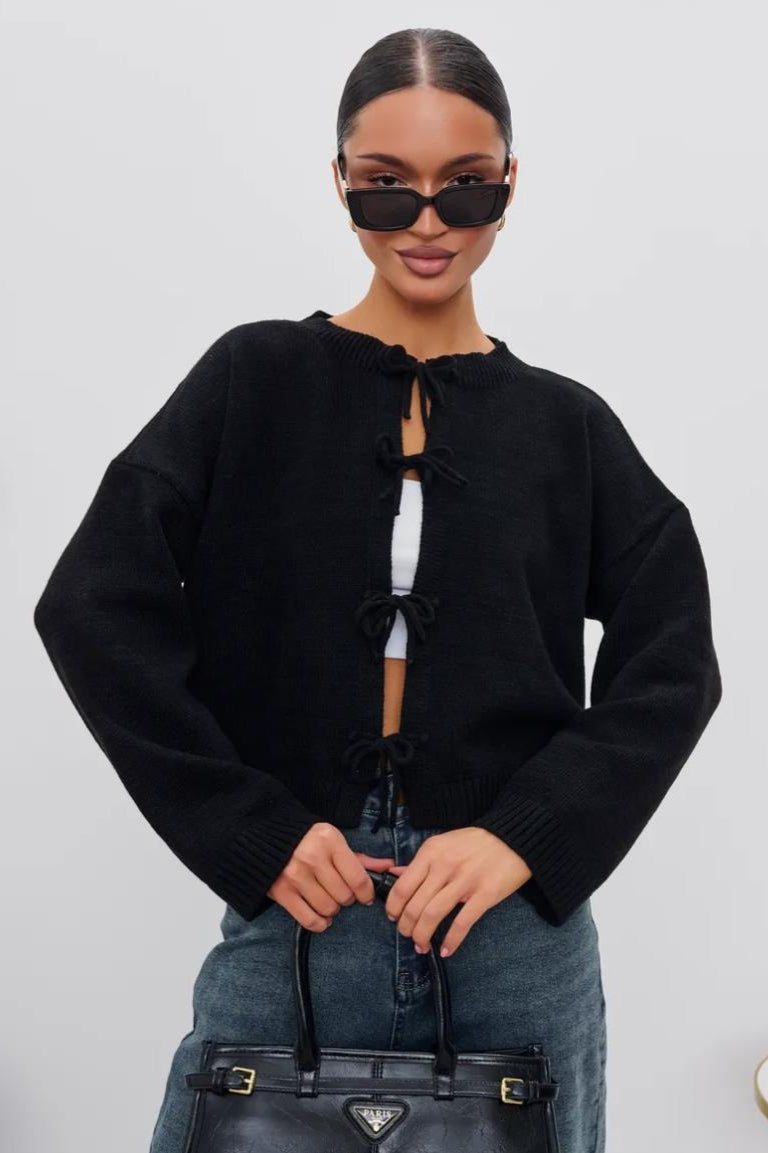 Tie Front Crew Neck Knit Cardigans