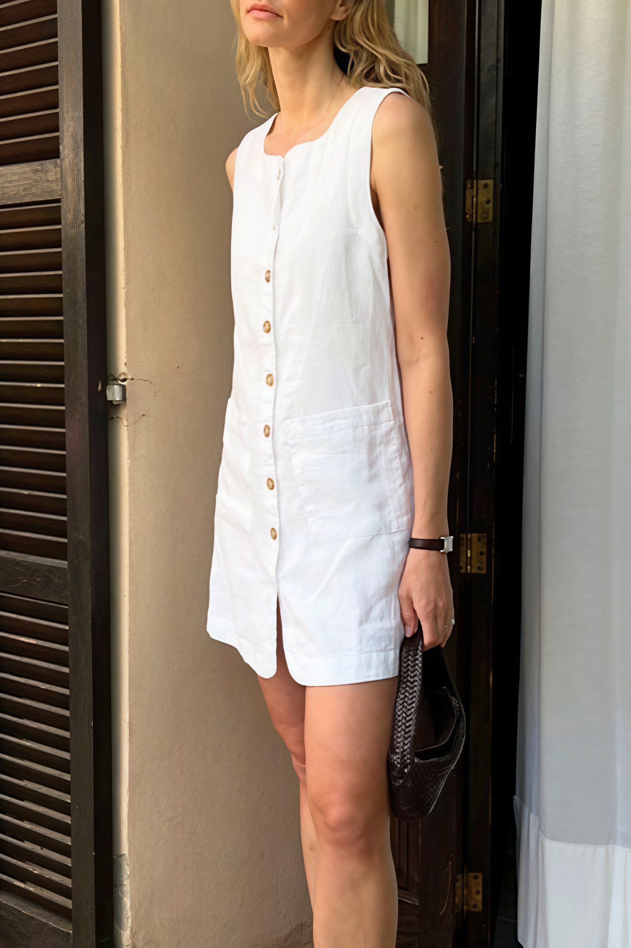 Linen Square Neck Button Mini Dress