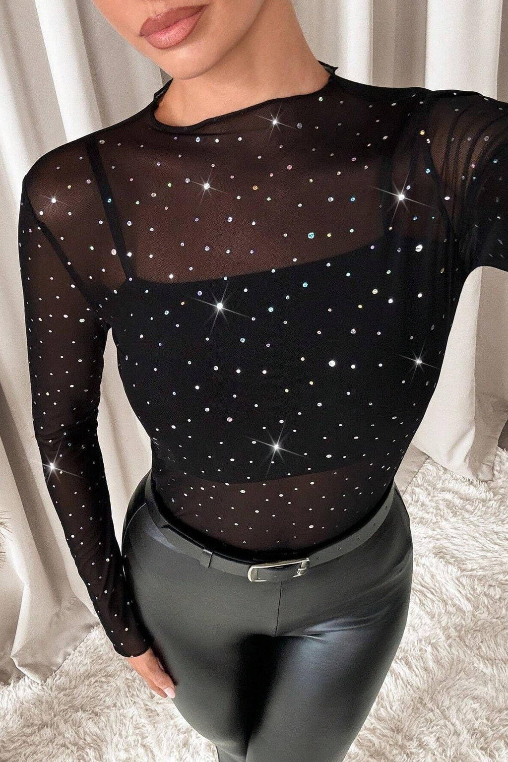 Rhinestone Sheer Mock Neck Top
