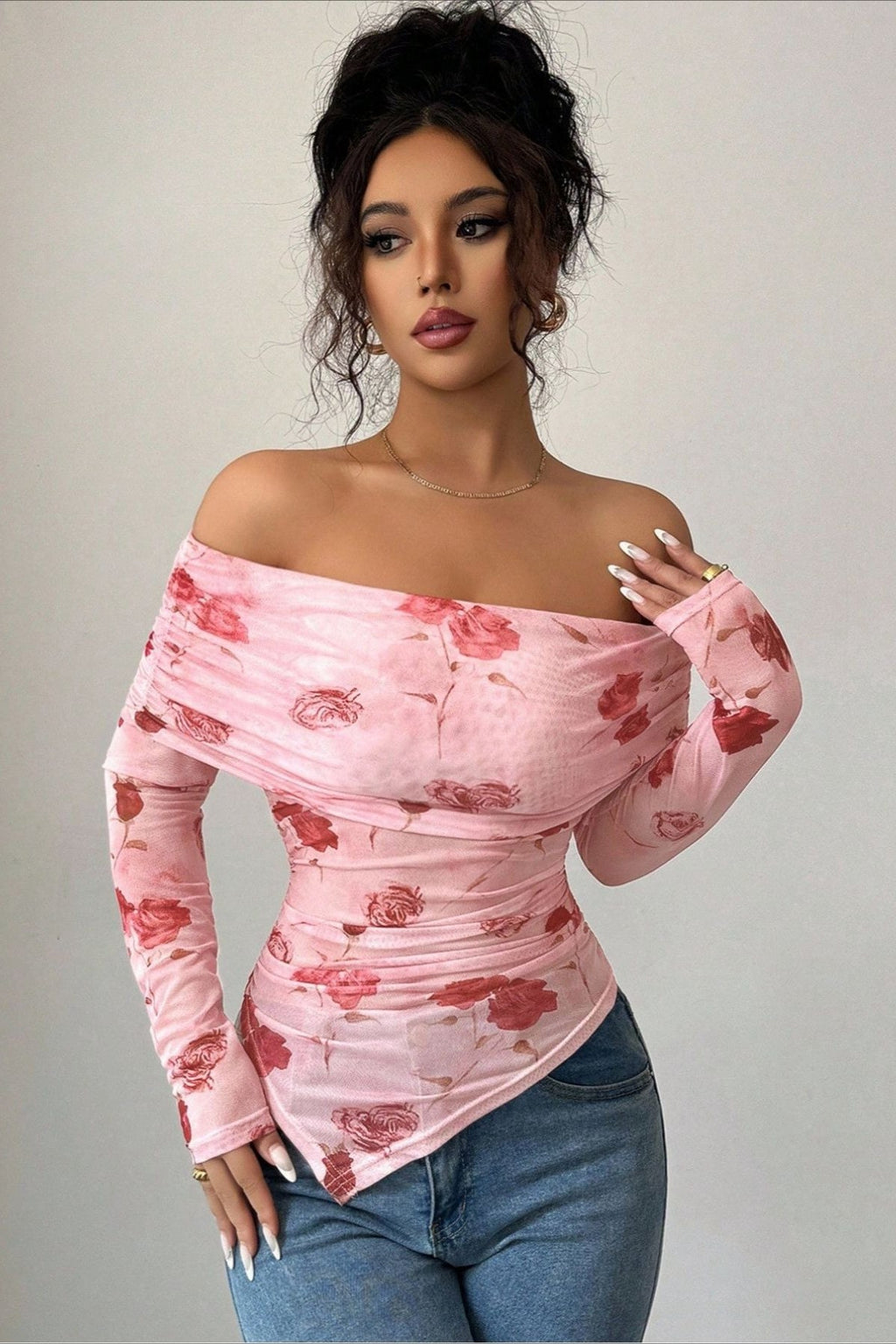Floral Print Off Shoulder Ruched Top