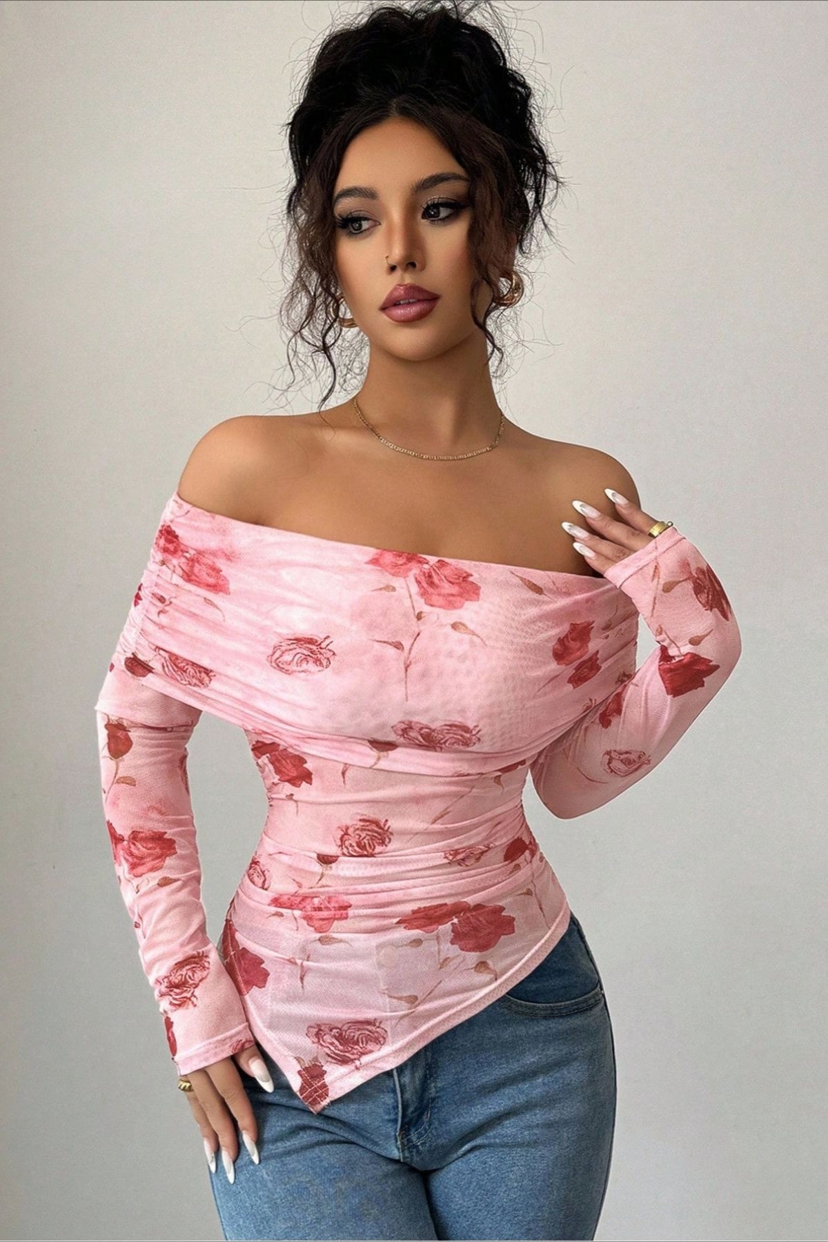 Floral Print Off Shoulder Ruched Top