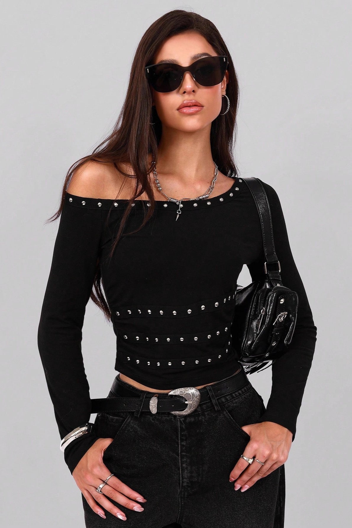 Studded One Shoulder Cutout Top