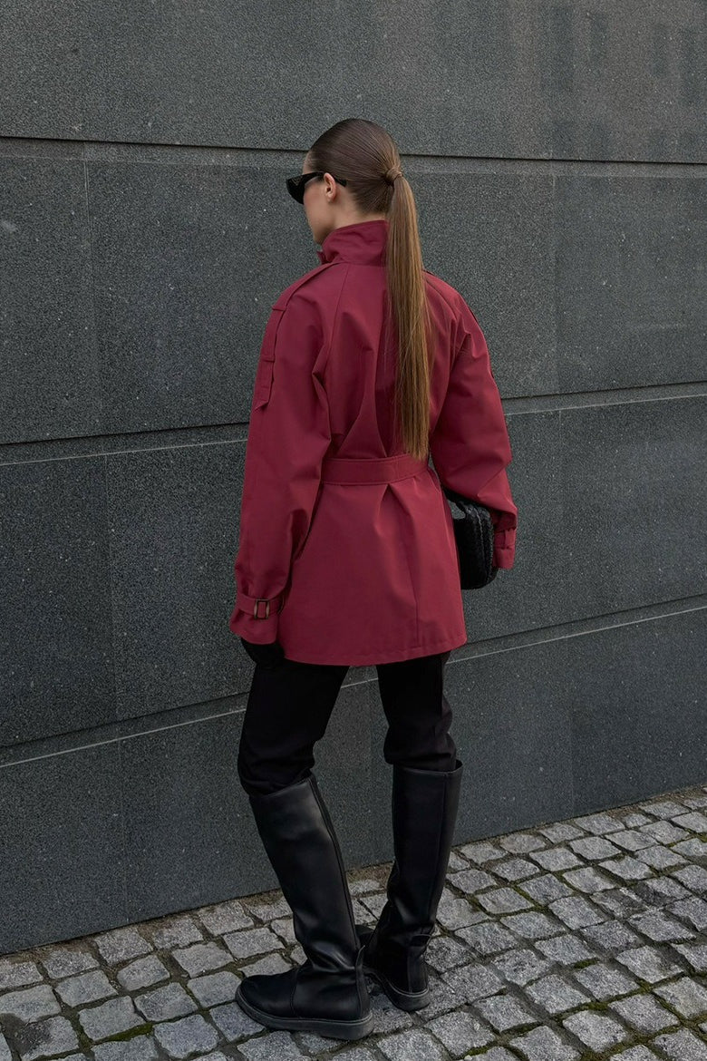 Stand Collar Belted Trench Jacket
