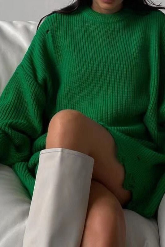 Distressed Longline Crew Neck Sweater