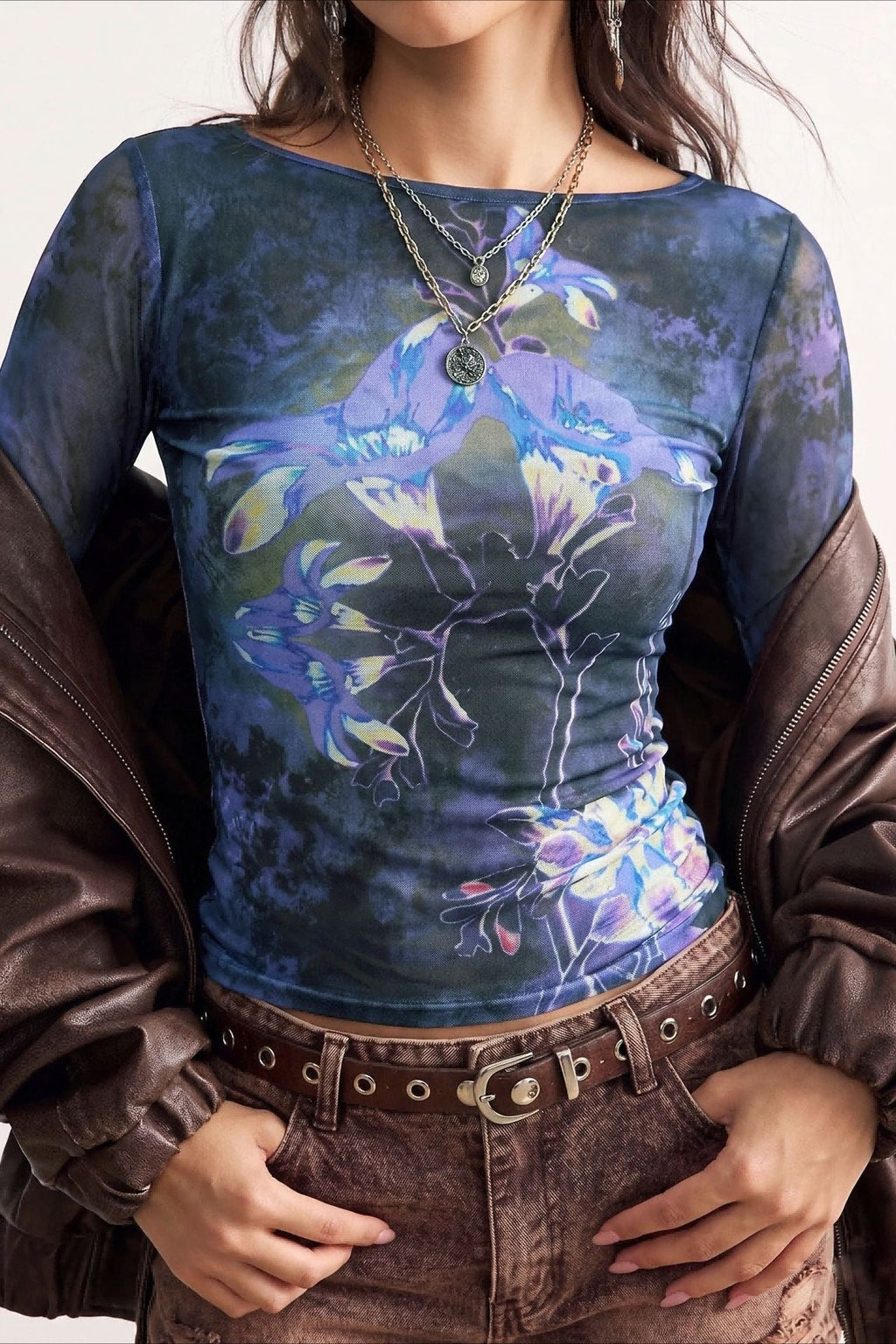 Blue Floral Print Mesh Long Sleeve Top