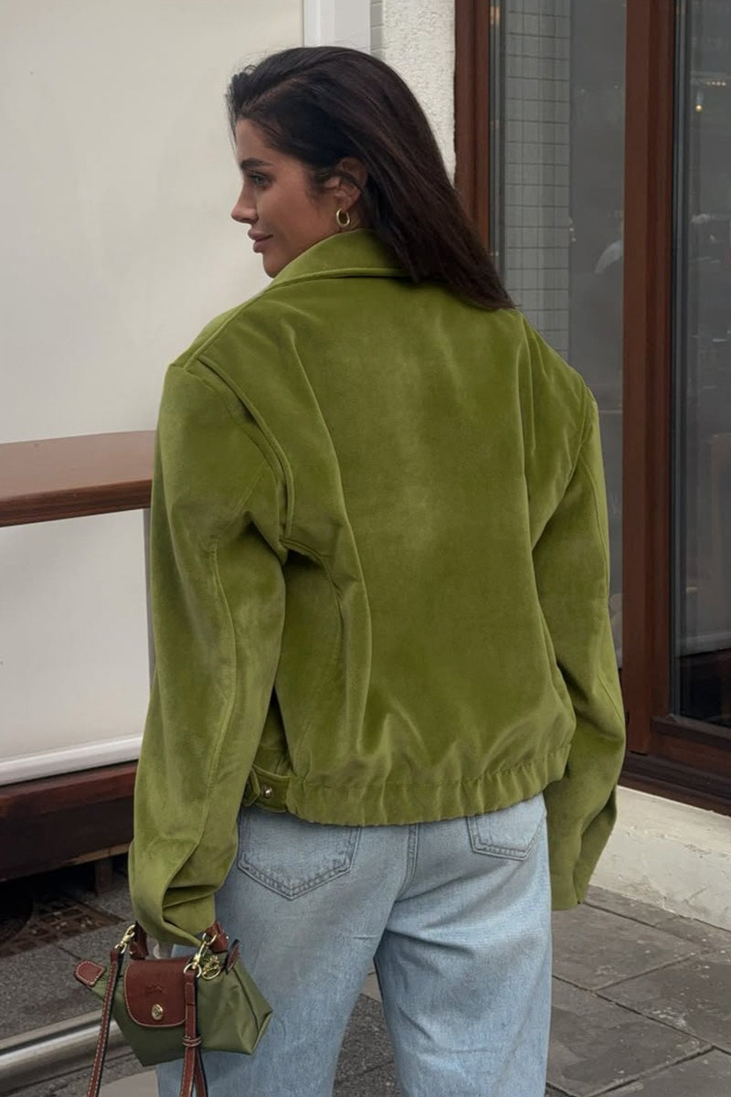 Velvet Turn Down Collar Zip Jacket