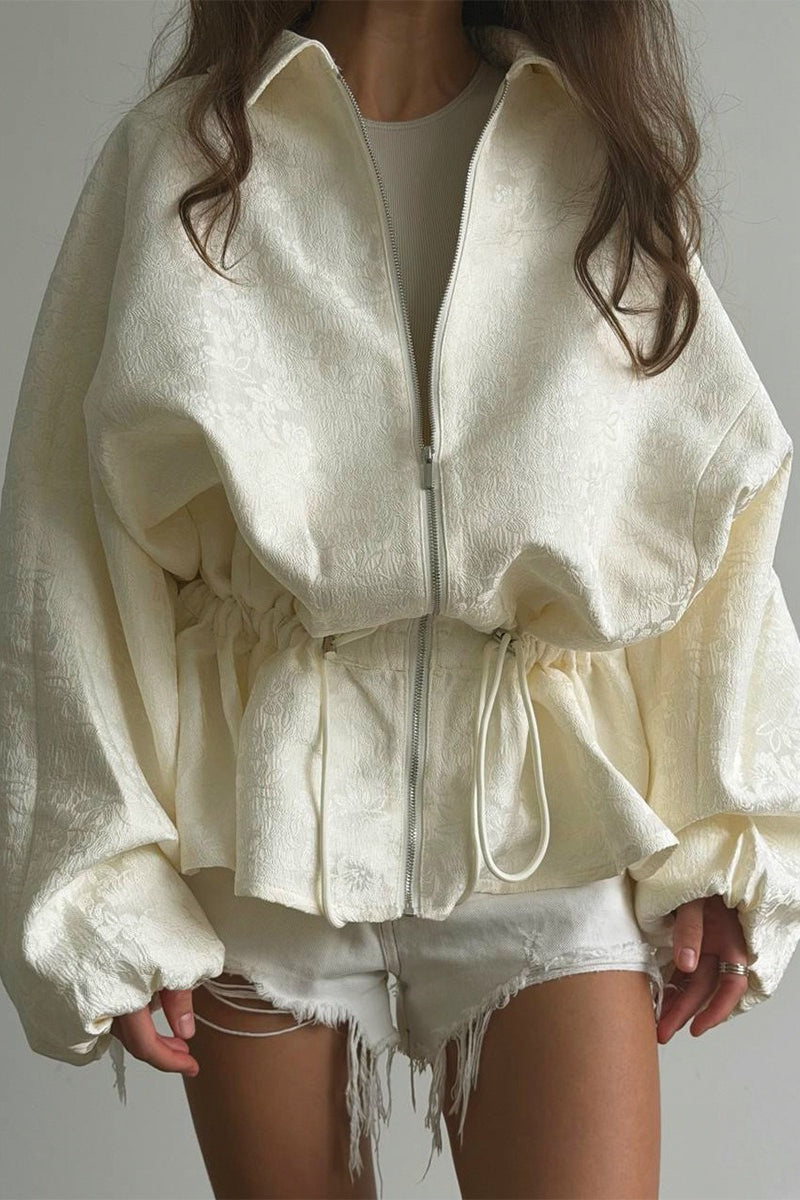 Jacquard Peplum Drawstring Zip Jacket