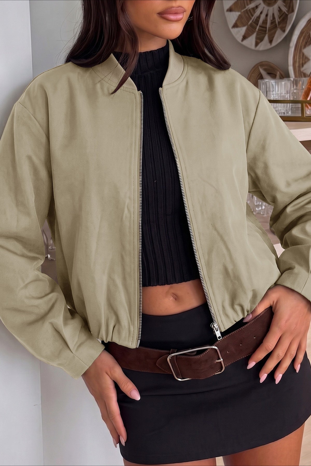 Solid Zip Front Cropped Bomber Jacket