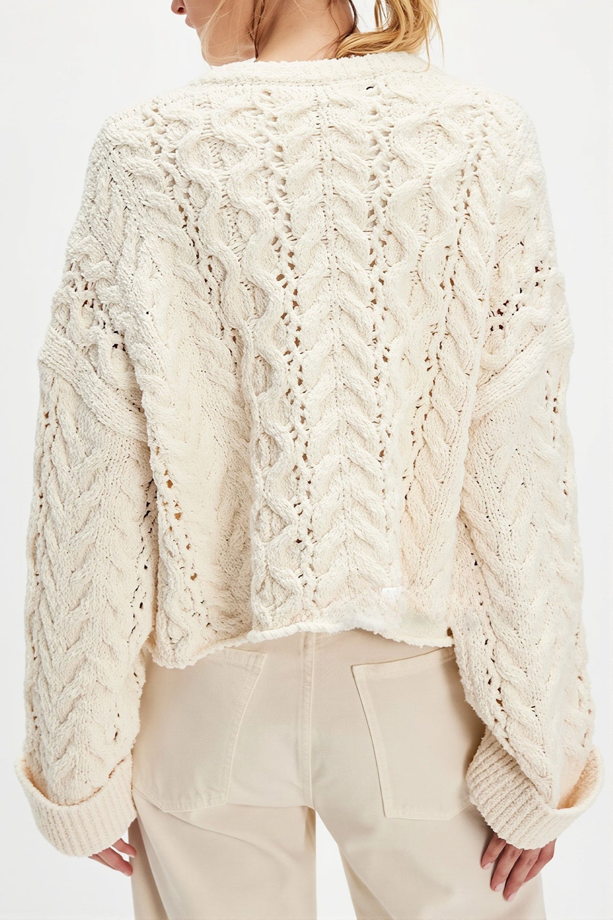 Button Detail Cable Knit Crew Neck Sweater