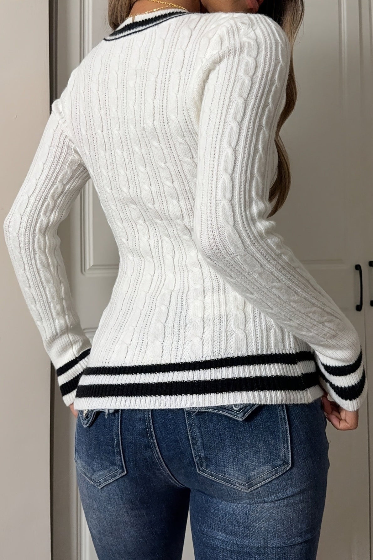Contrast Stripe cable Fitted Sweater