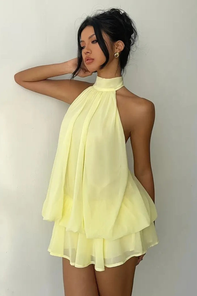 Solid Halter Cutout Back Tie Waist Cinch Mini Dress