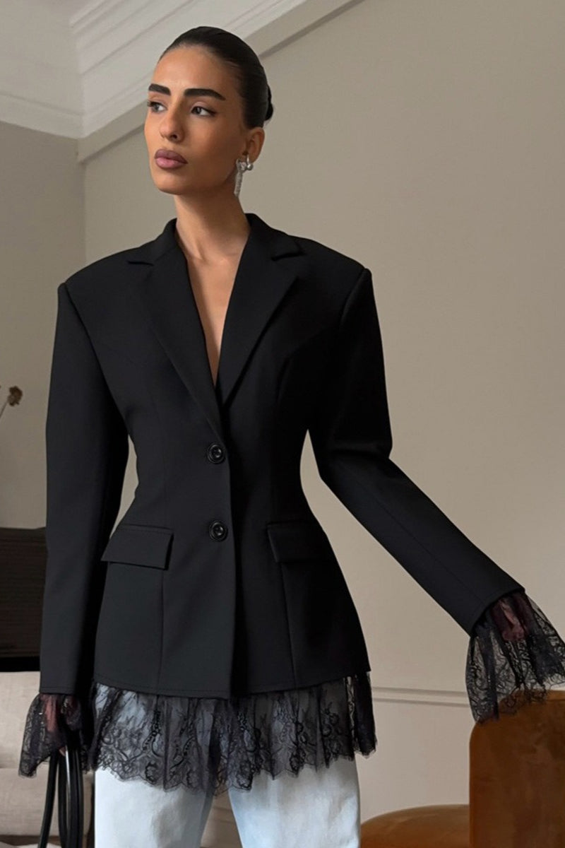 Lace Trim Flap Pocket Fitted Blazer