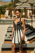 Chic Black and White Halter Waist Cinching Bandage Vacation Mini Dress