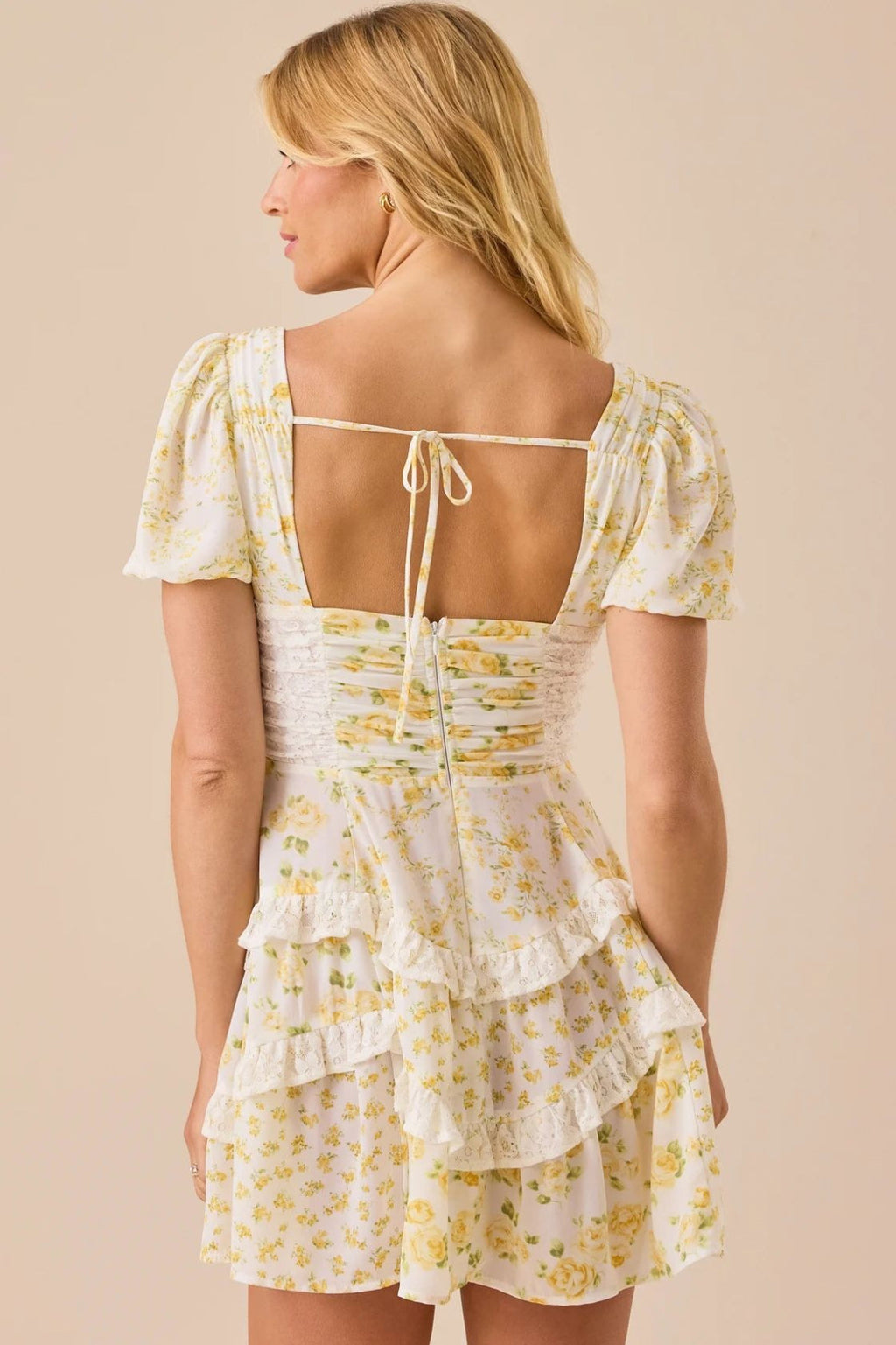 Floral Lace Patchwork V Neck Puff Short Sleeve Mini Dress