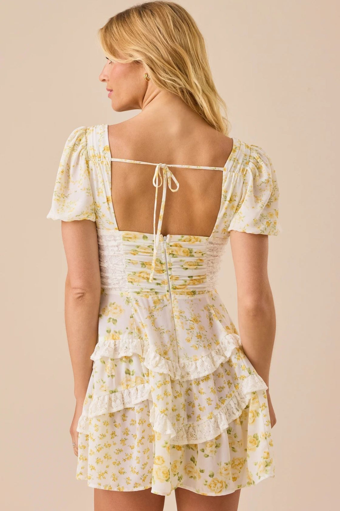 Floral Lace Patchwork V Neck Puff Short Sleeve Mini Dress
