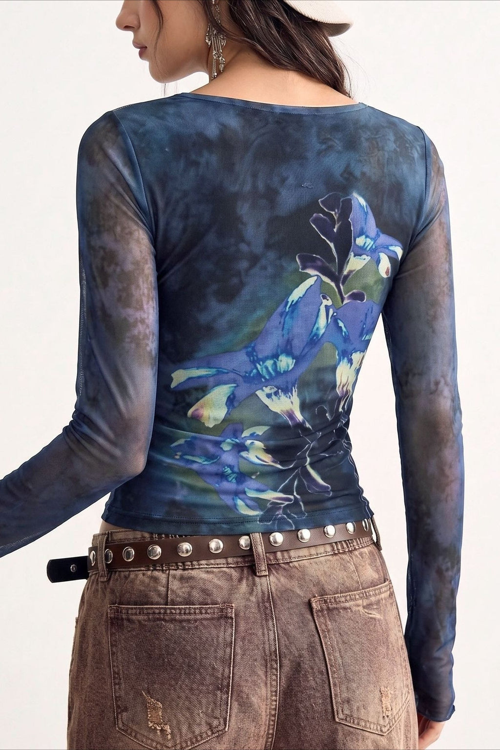 Blue Floral Print Mesh Long Sleeve Top
