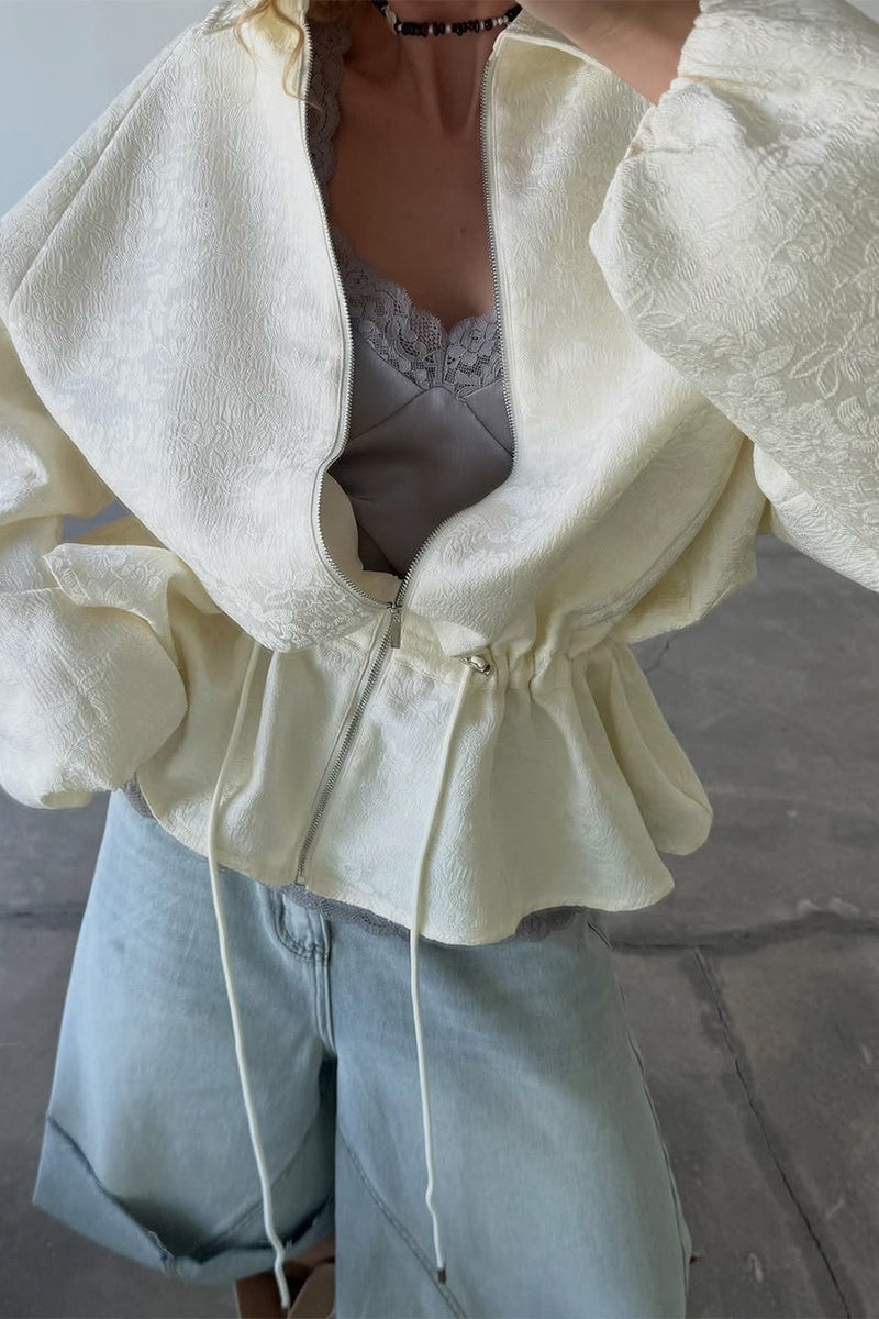 Jacquard Peplum Drawstring Zip Jacket