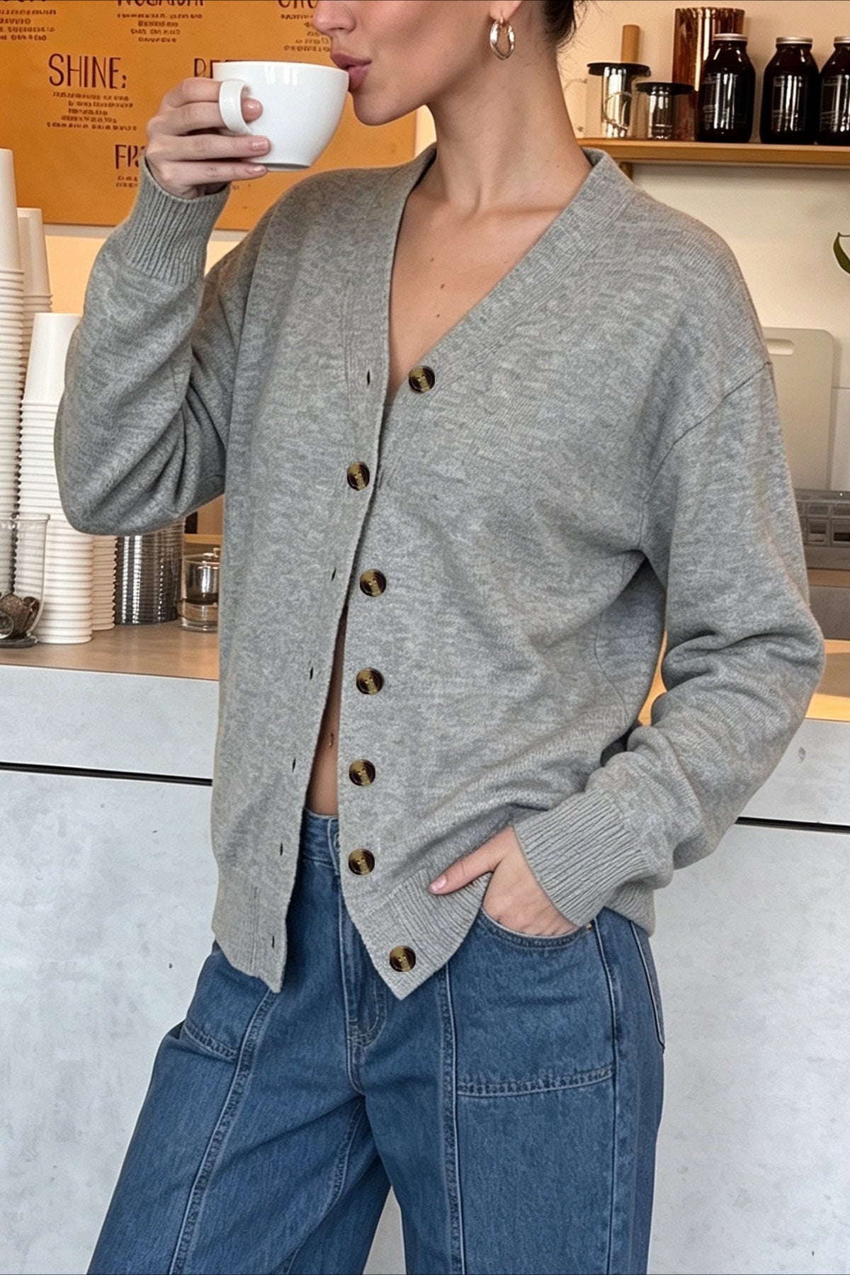 V Neck Label Detail Pocket Cardigans