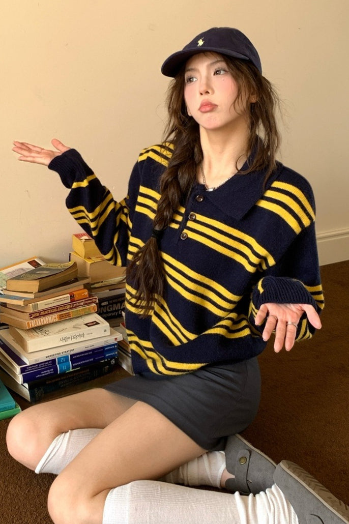 Stripe Polo Collar Relaxed Sweater