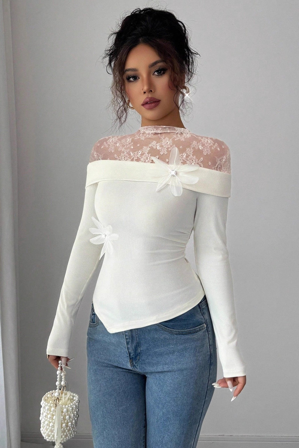 Floral Lace Yoke Off Shoulder Blouse