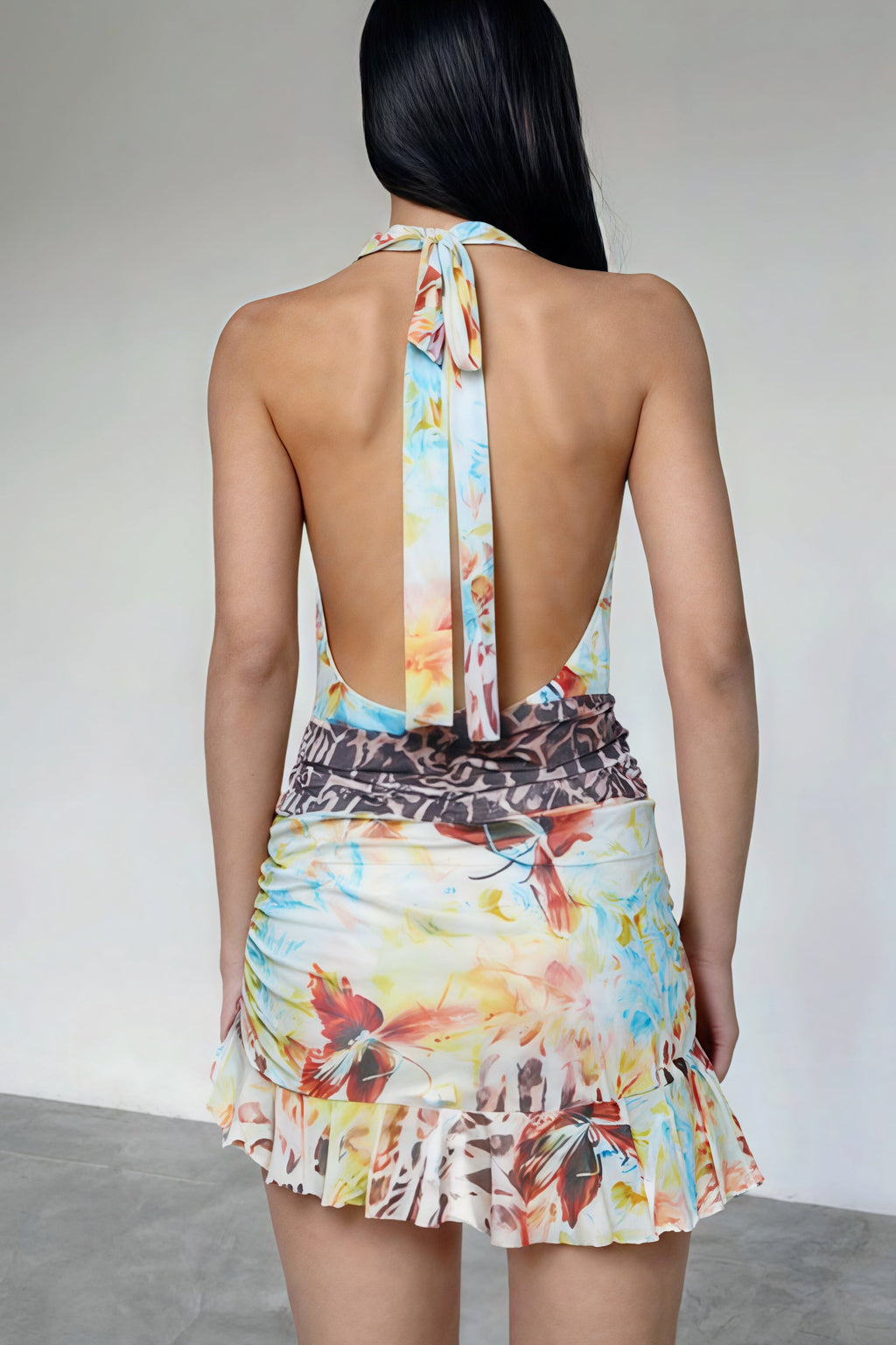 V Neck Halter Tie Back Mini Dress