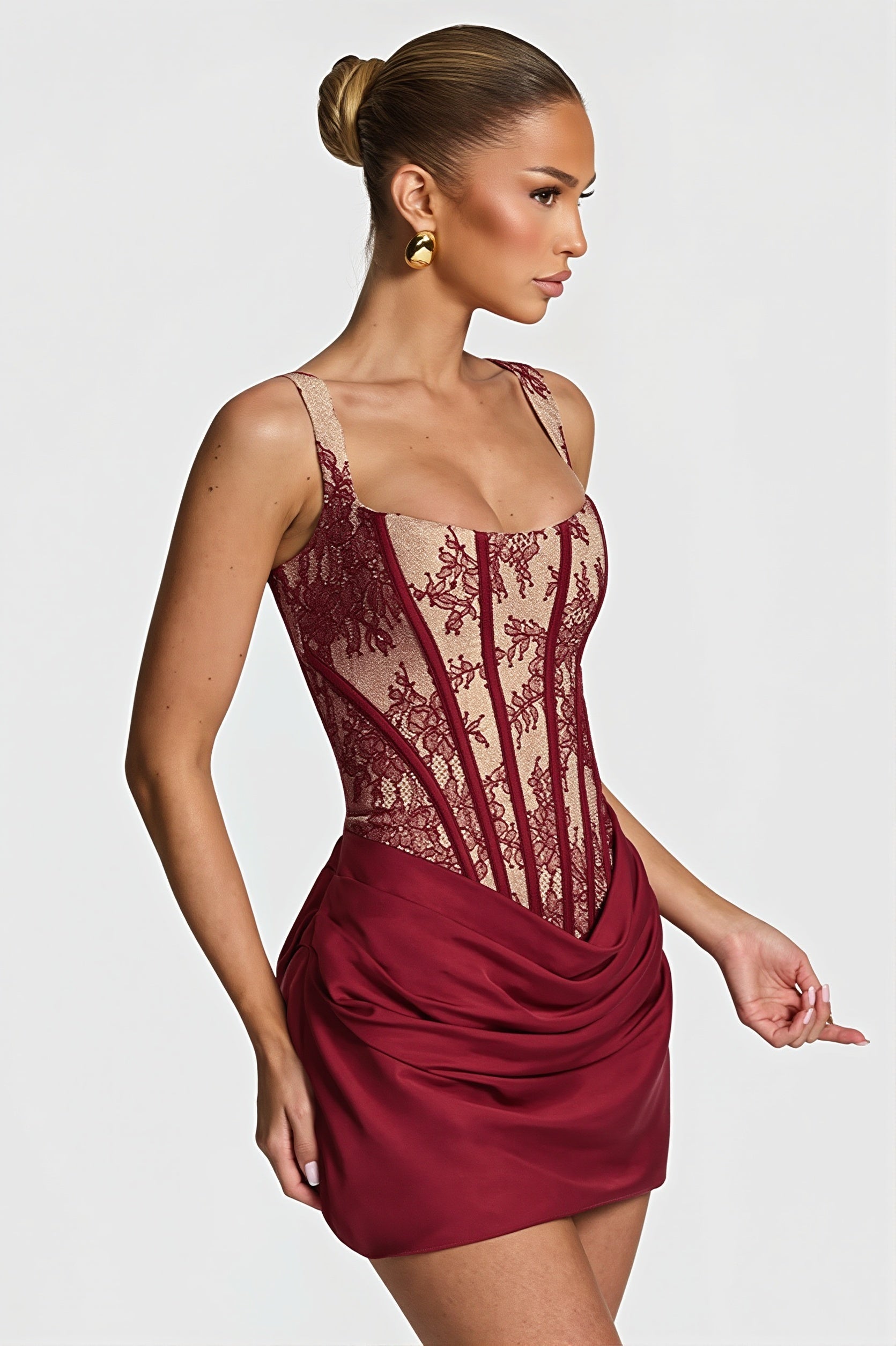 Elegant Lace Fishbone Ruched Mini Dress